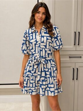 Japna Blue and Cream Abstract Print Tie-Waist Mini Dress